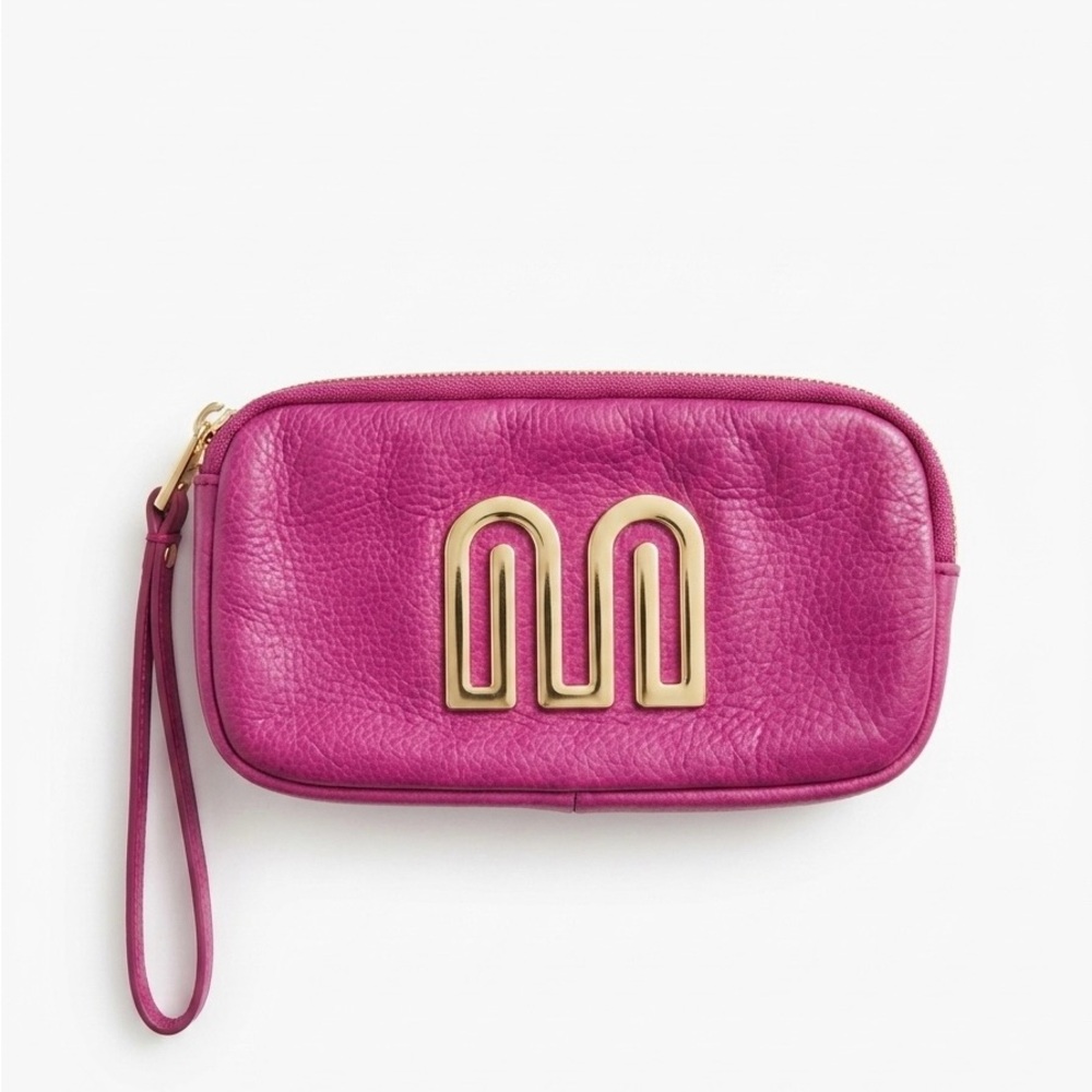 Margot Cira Fuchsia Pink Pebbled Leather Wristlet with Gold Logo